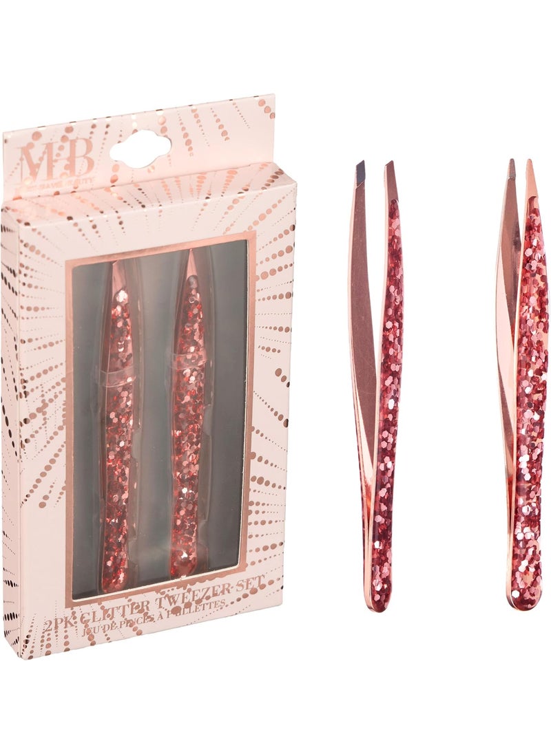 Expressions Expressions 2pc Glitter Tweezer Set in Rose Gold  Pointed Tweezers For Fine Ingrown Hair  Slanted Tweezers For Precision Grooming  Pack of 2 Tweezers For Women Everyday Hair Tweezers For Plucking 