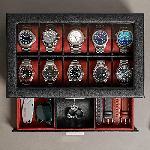 ROTHWELL 10-Slot Watch Box in Leather with Valet Drawer, Luxury Watch Case Display Organizer with Ultra Soft Microsuede Liner, Jewelry and Sunglass Holder With Large Glass top (Black/Red) - Image 4