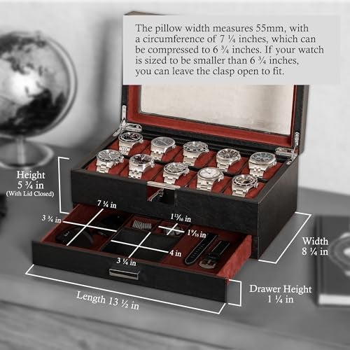 ROTHWELL 10-Slot Watch Box in Leather with Valet Drawer, Luxury Watch Case Display Organizer with Ultra Soft Microsuede Liner, Jewelry and Sunglass Holder With Large Glass top (Black/Red) - Image 2