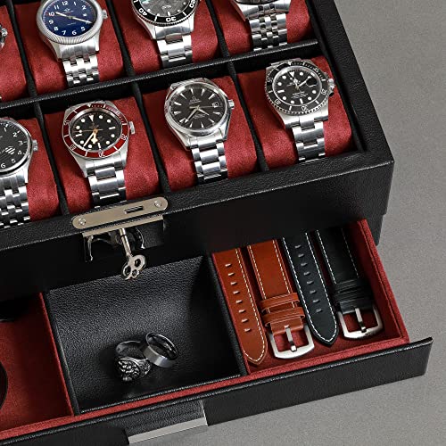ROTHWELL 10-Slot Watch Box in Leather with Valet Drawer, Luxury Watch Case Display Organizer with Ultra Soft Microsuede Liner, Jewelry and Sunglass Holder With Large Glass top (Black/Red) - Image 5