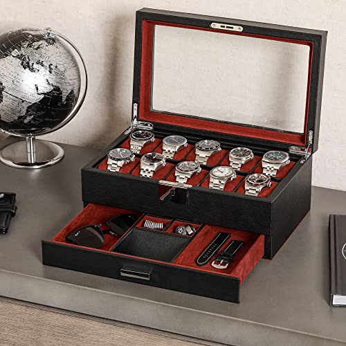 ROTHWELL 10-Slot Watch Box in Leather with Valet Drawer, Luxury Watch Case Display Organizer with Ultra Soft Microsuede Liner, Jewelry and Sunglass Holder With Large Glass top (Black/Red) - Image 3