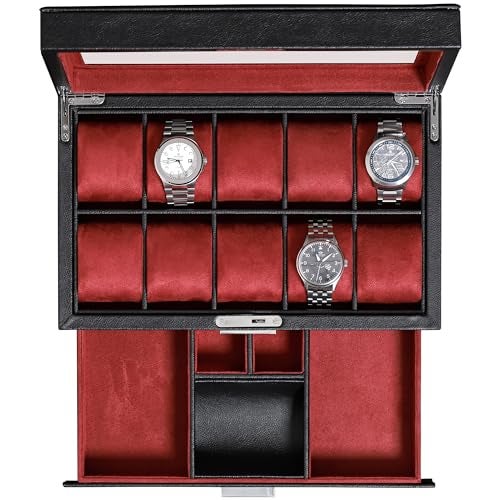 ROTHWELL 10-Slot Watch Box in Leather with Valet Drawer, Luxury Watch Case Display Organizer with Ultra Soft Microsuede Liner, Jewelry and Sunglass Holder With Large Glass top (Black/Red) - Image 1