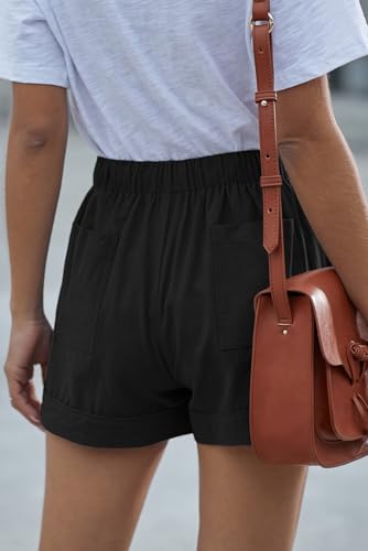 YOCUR Womens Cotton Linen Casual Comfy Shorts Drawstring Pockets Mid Waisted Cuffed Hem Retro Work Out Shorts Black M - Image 2