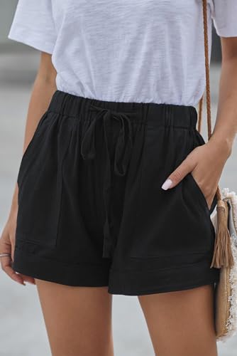 YOCUR Womens Cotton Linen Casual Comfy Shorts Drawstring Pockets Mid Waisted Cuffed Hem Retro Work Out Shorts Black M - Image 3