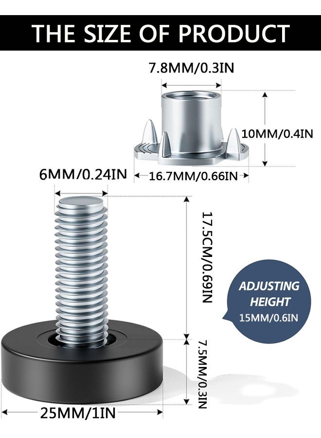 Adjustable Leveling Feet with T-Nuts, 12 PCS 1/4-20 UNC Thread Adjustable Levelers, Leg Levelers Table Feet Screw on for Table, Chair, Furniture Legs - Image 2