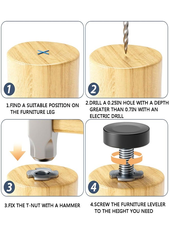 Adjustable Leveling Feet with T-Nuts, 12 PCS 1/4-20 UNC Thread Adjustable Levelers, Leg Levelers Table Feet Screw on for Table, Chair, Furniture Legs - Image 4