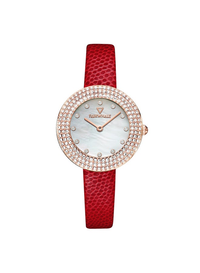 Mark Fairwhale Luxury Diamond-Accented Women's Quartz Watch | Stainless Steel Case, Red Genuine Leather Strap, Water Resistant | Round Dial