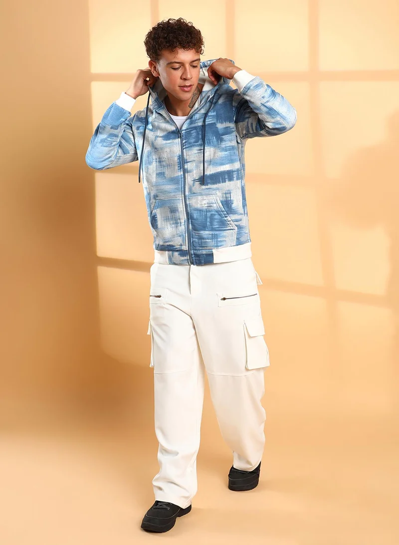Campus Sutra Men's Prussian Blue & Light Grey Abstract Strokes Hoodie