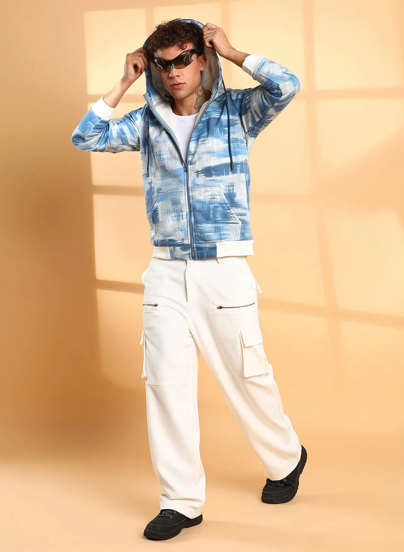 Campus Sutra Men's Prussian Blue & Light Grey Abstract Strokes Hoodie