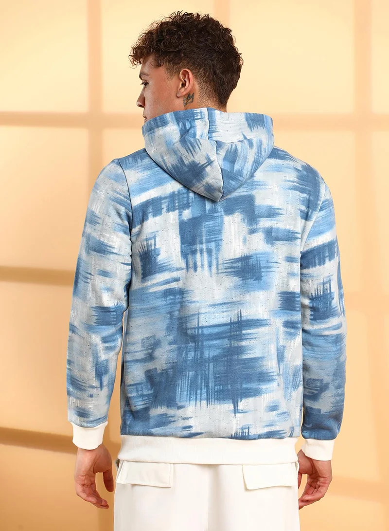 Campus Sutra Men's Prussian Blue & Light Grey Abstract Strokes Hoodie