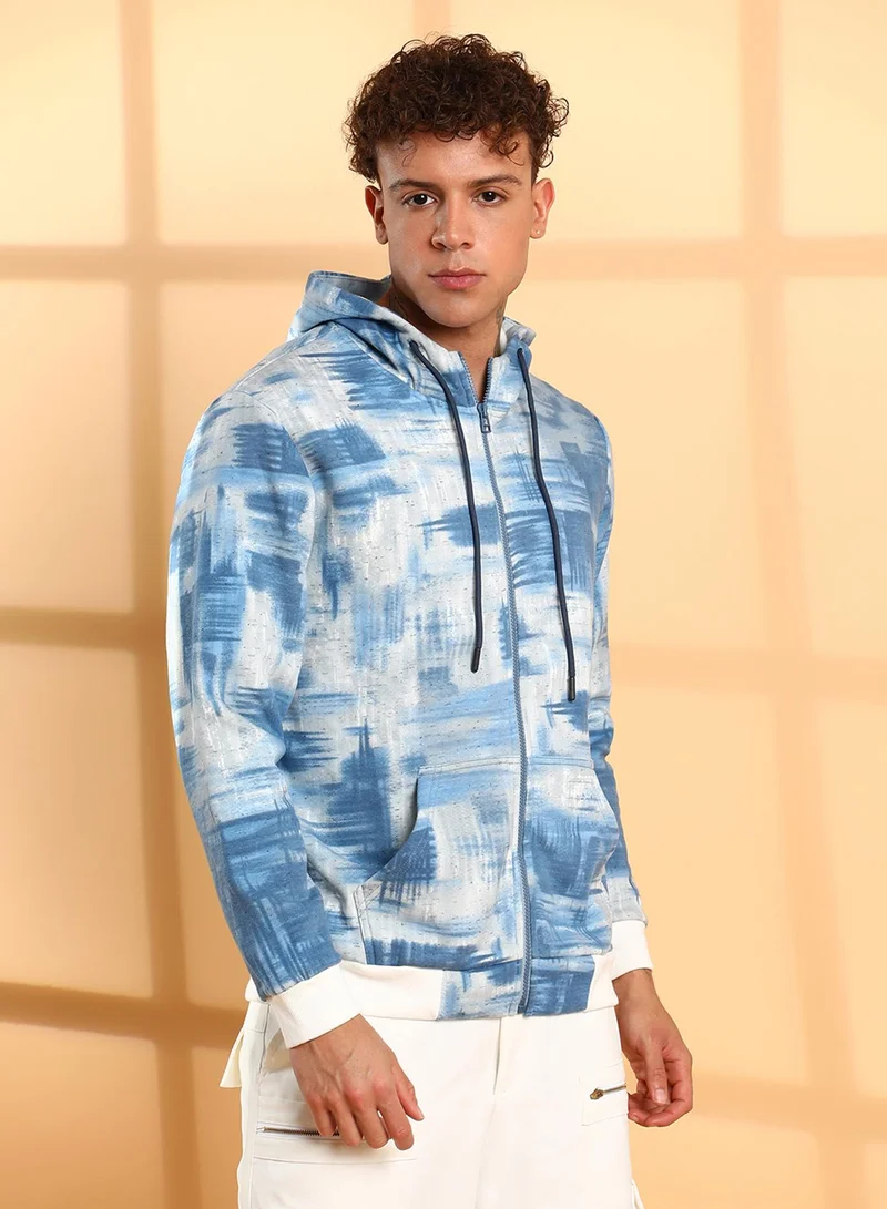 Campus Sutra Men's Prussian Blue & Light Grey Abstract Strokes Hoodie