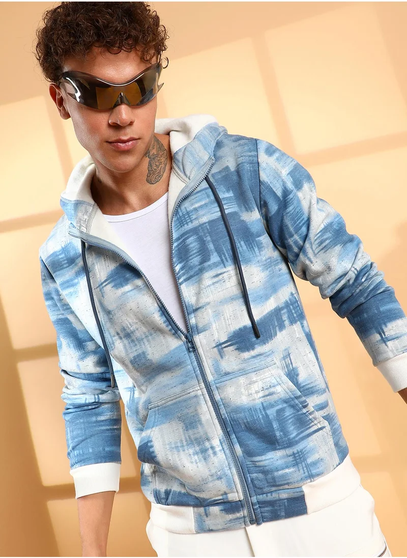 كامبوس سوترا Men's Prussian Blue & Light Grey Abstract Strokes Hoodie