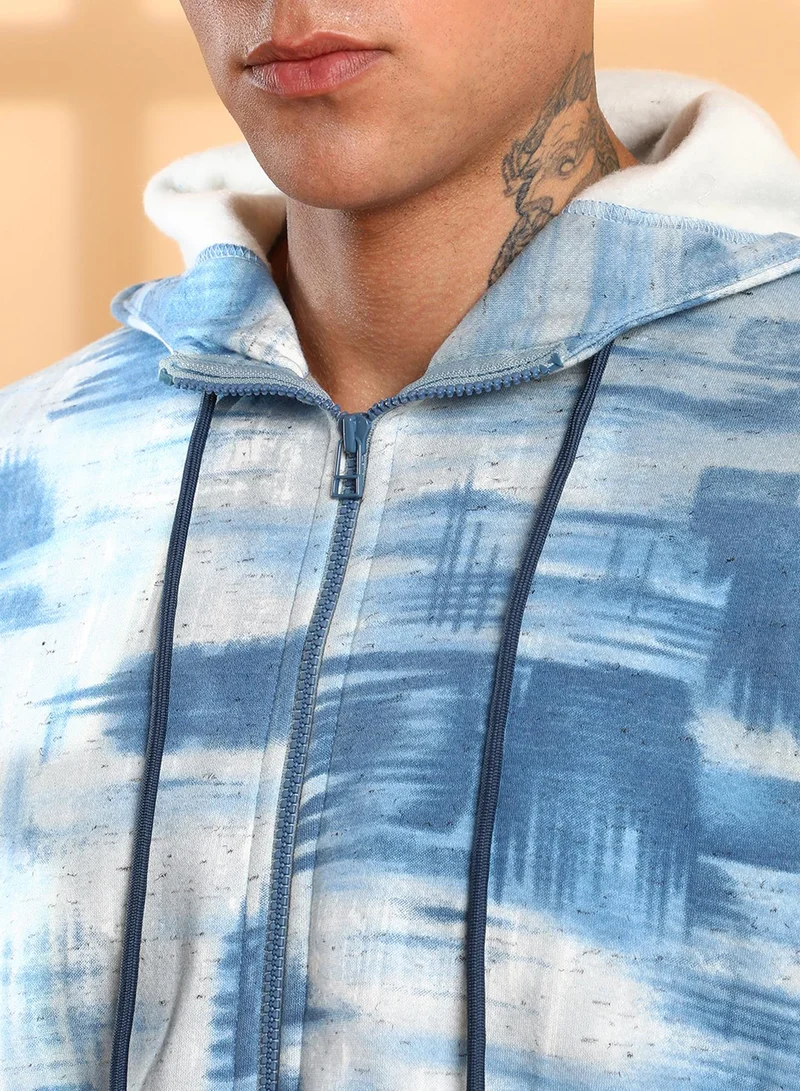 Campus Sutra Men's Prussian Blue & Light Grey Abstract Strokes Hoodie