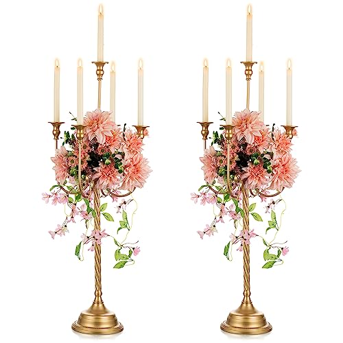 NUPTIO Candle Holders for Table Centerpiece 2 Pcs 37 inch Tall 5 Arm Gold Candelabra Floor Standing Candlestick Holder for Taper Candles Wedding Centerpieces Party Mantel Reception Decor - Image 1