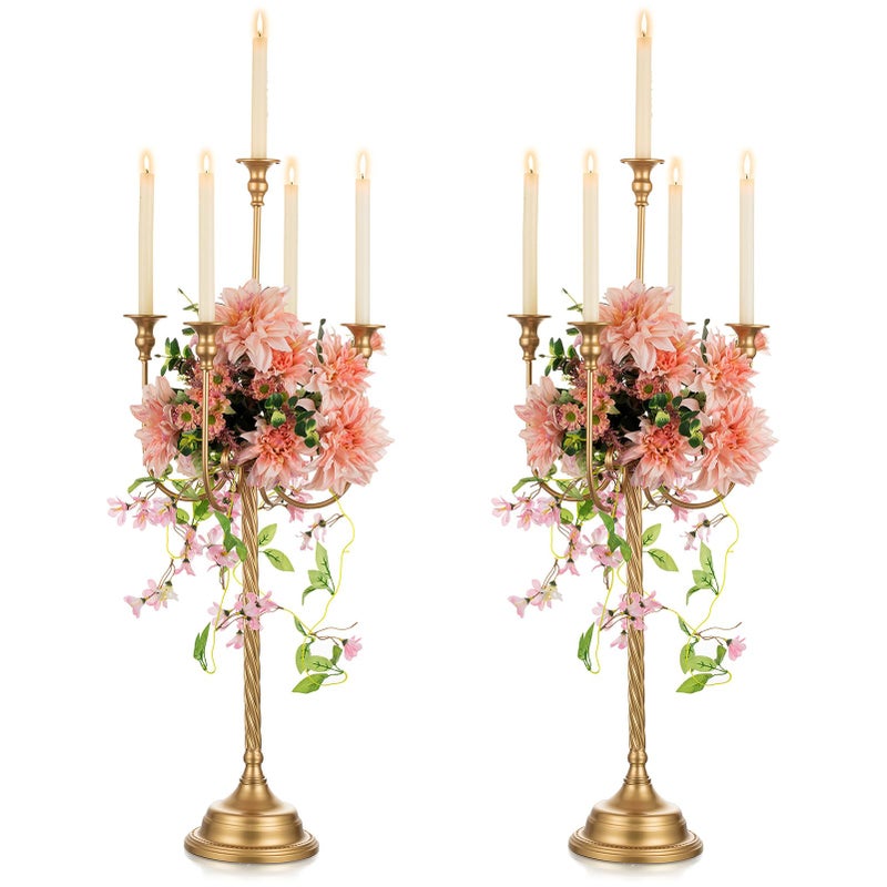 NUPTIO Candle Holders for Table Centerpiece 2 Pcs 37 inch Tall 5 Arm Gold Candelabra Floor Standing Candlestick Holder for Taper Candles Wedding Centerpieces Party Mantel Reception Decor - Image 2