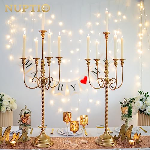 NUPTIO Candle Holders for Table Centerpiece 2 Pcs 37 inch Tall 5 Arm Gold Candelabra Floor Standing Candlestick Holder for Taper Candles Wedding Centerpieces Party Mantel Reception Decor - Image 3