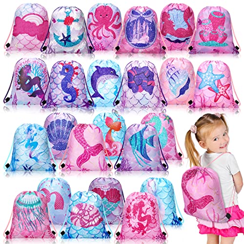 Shappy 24 Pack Drawstring Party Favors Bags Cartoon Animal Candy Goodie for Boys Birthday Kids Gift Return Girls Supplies(Mermaid) - Image 1