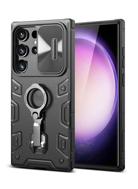 Case for Samsung Galaxy S23 Ultra Shockproof Case with 360°Rotating Kickstand Slide Camera Lens Cover Ring Stand Anti-fall Case Hybrid Armor Hard Luxury for Galaxy S23 Ultra Case 6.8In Black
