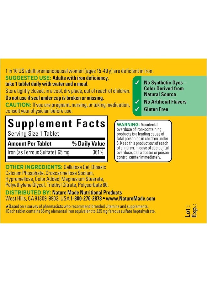 Nature Made Iron 65 mg (325 mg Ferrous Sulfate) Tablets, Dietary Supplement for Red Blood Cell Support, 180 Tablets, 180 Day Supply - Image 5