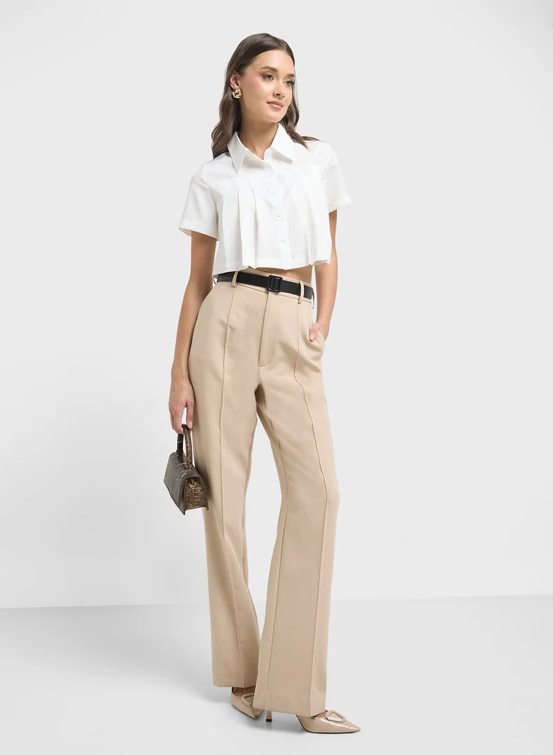 ELLA Button Down Crop Shirt With Box Pleats