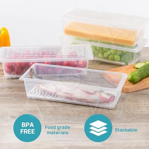 VROKLA 4pcs Fridge Storage Boxes Fridge Organizer with Removable Drain Plate and Lid Stackable Fridge Storage Containers Plastic Freezer Storage Containers for Fish, Meat, Vegetables 1500ML - Image 4