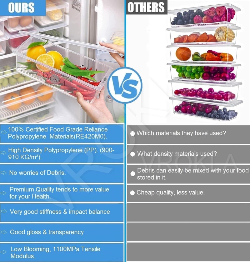 VROKLA 4pcs Fridge Storage Boxes Fridge Organizer with Removable Drain Plate and Lid Stackable Fridge Storage Containers Plastic Freezer Storage Containers for Fish, Meat, Vegetables 1500ML - Image 2