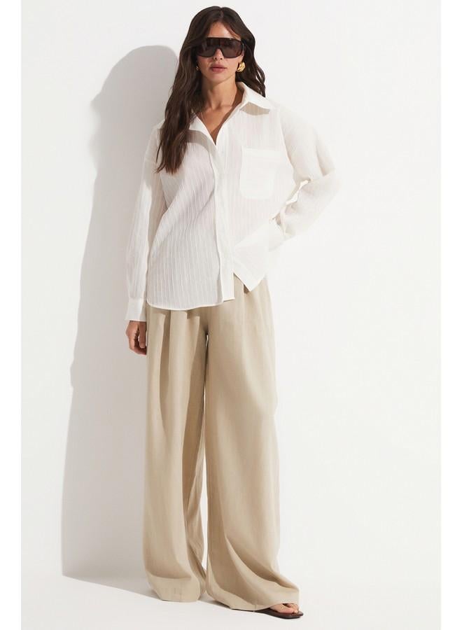 JUNE Cotton Blend Pocket Detail Shirt Ecru - Image 1