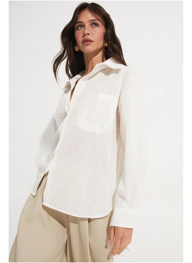 JUNE June Cotton Blend Pocket Detail Shirt Ecru