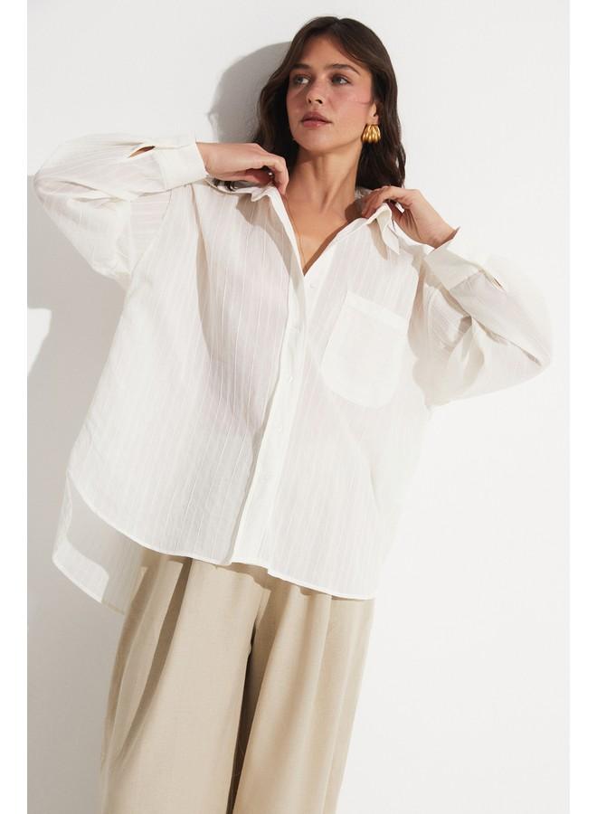 JUNE Cotton Blend Pocket Detail Shirt Ecru - Image 3