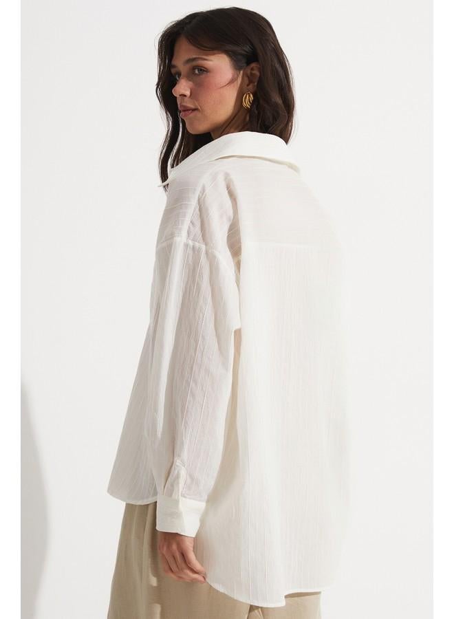 JUNE Cotton Blend Pocket Detail Shirt Ecru - Image 5