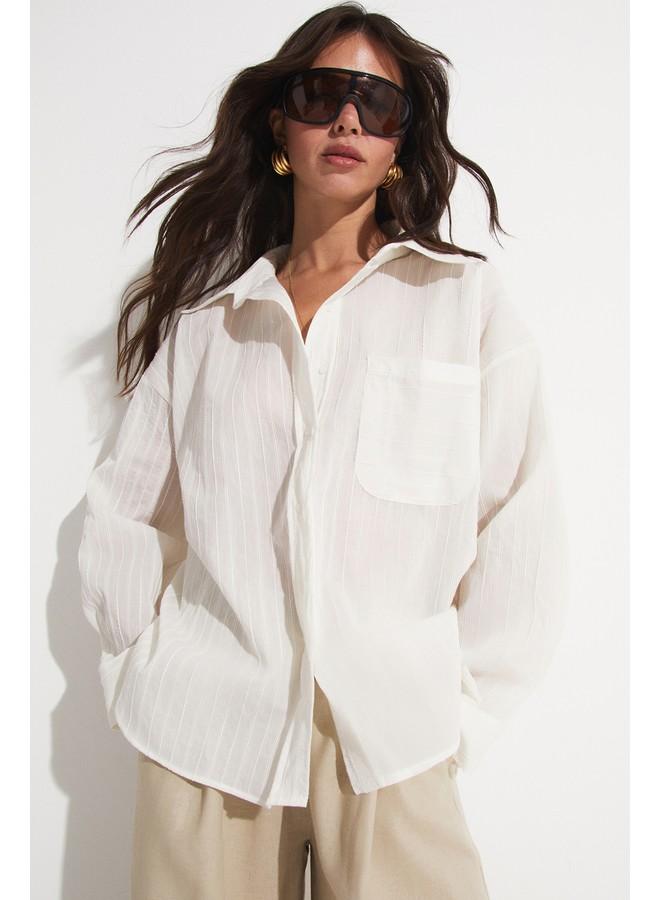 JUNE Cotton Blend Pocket Detail Shirt Ecru - Image 2