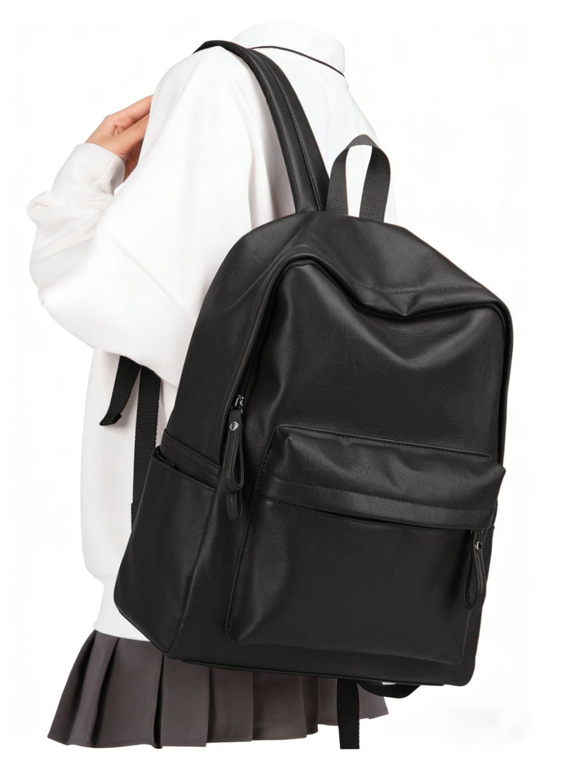 Black Backpack For Women Men, Premium Waterproof Faux Leather School Backpack For Teens Boys Girls, PU College Laptop Backpack, Travel Backpack Carry On - Image 1