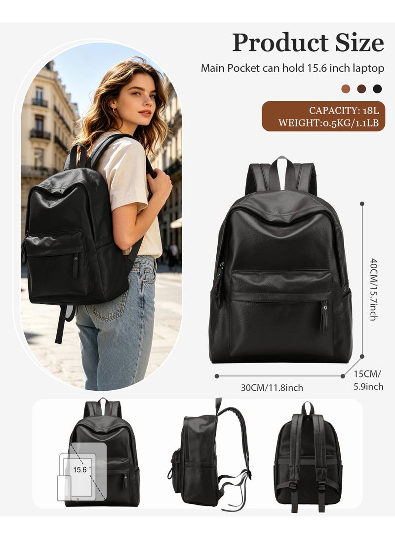 Black Backpack For Women Men, Premium Waterproof Faux Leather School Backpack For Teens Boys Girls, PU College Laptop Backpack, Travel Backpack Carry On - Image 2