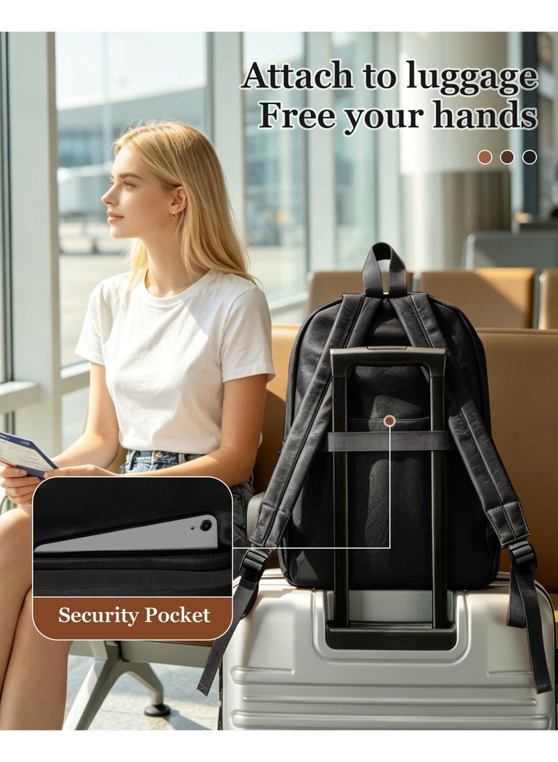 Black Backpack For Women Men, Premium Waterproof Faux Leather School Backpack For Teens Boys Girls, PU College Laptop Backpack, Travel Backpack Carry On - Image 4