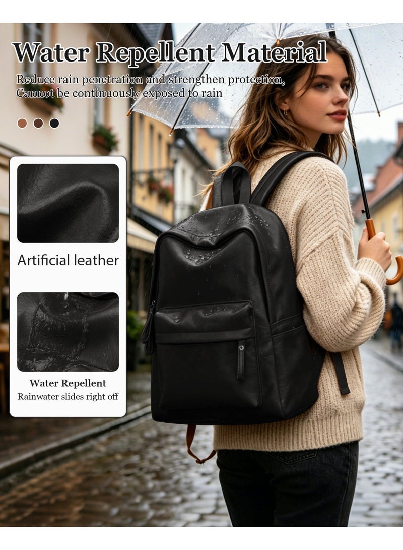 Black Backpack For Women Men, Premium Waterproof Faux Leather School Backpack For Teens Boys Girls, PU College Laptop Backpack, Travel Backpack Carry On - Image 5