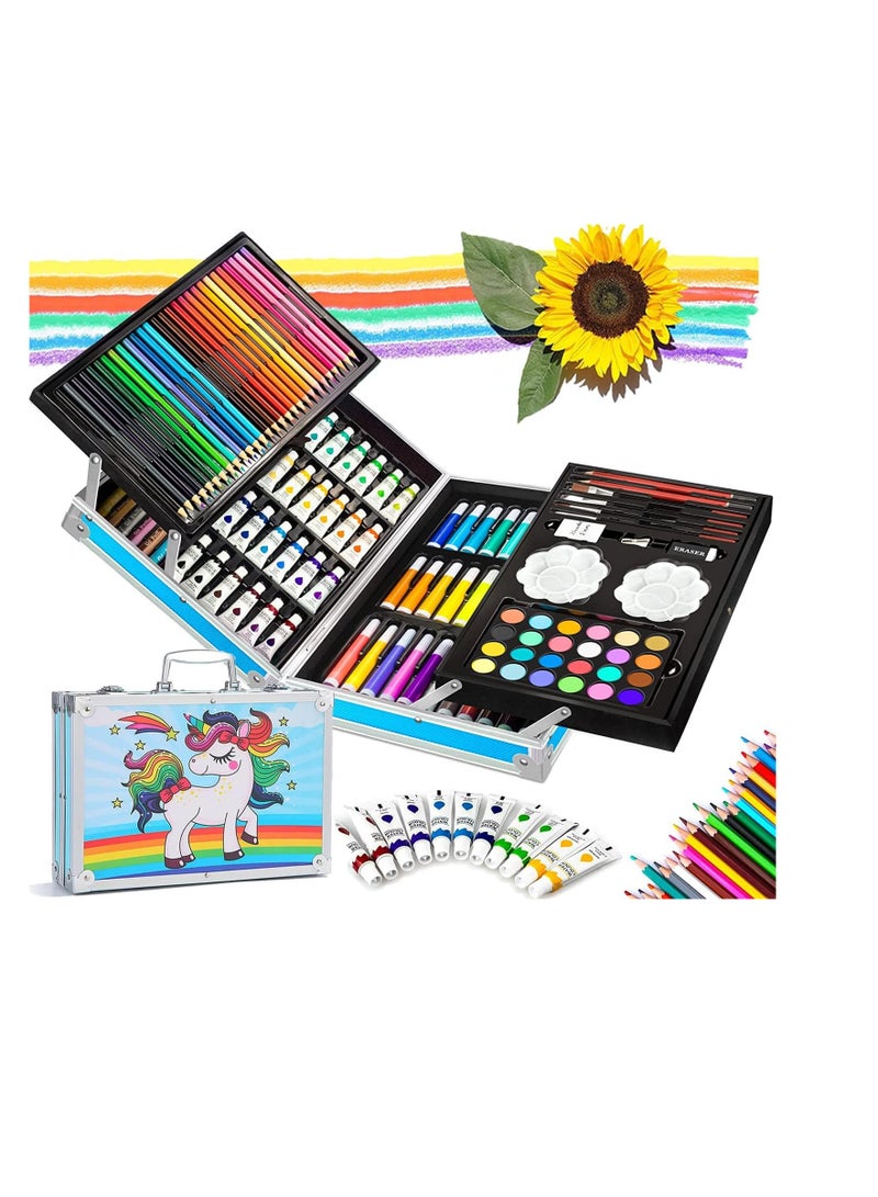 مجموعة فنية مكونة من 145 قطعة من لوازم الرسم والرسم. هدية رائعة للأطفال الذين يبدأون المدرسة والمبتدئين ولوازم للطلاب ويوم الأطفال والفنانين (وحيد القرن الأزرق) - Image 2