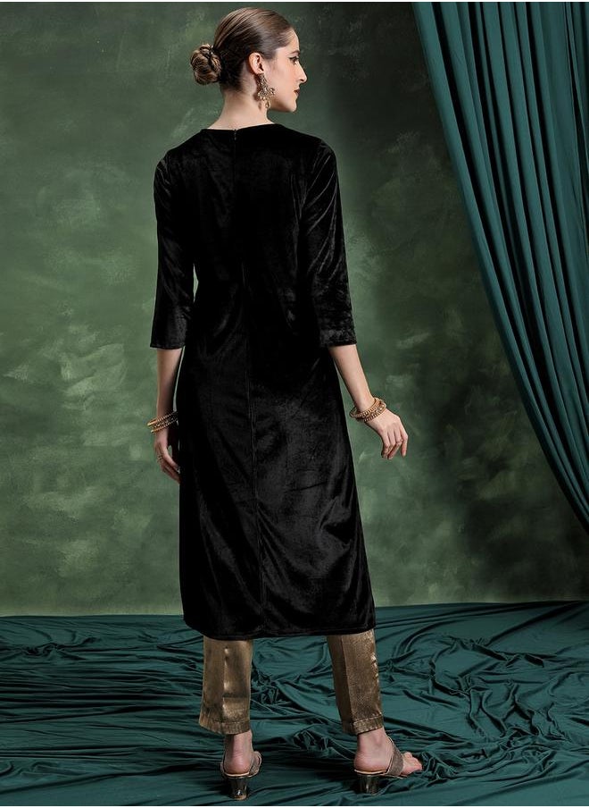 Vishudh - Black Thread Work Straight Kurta by Styli - Image 1