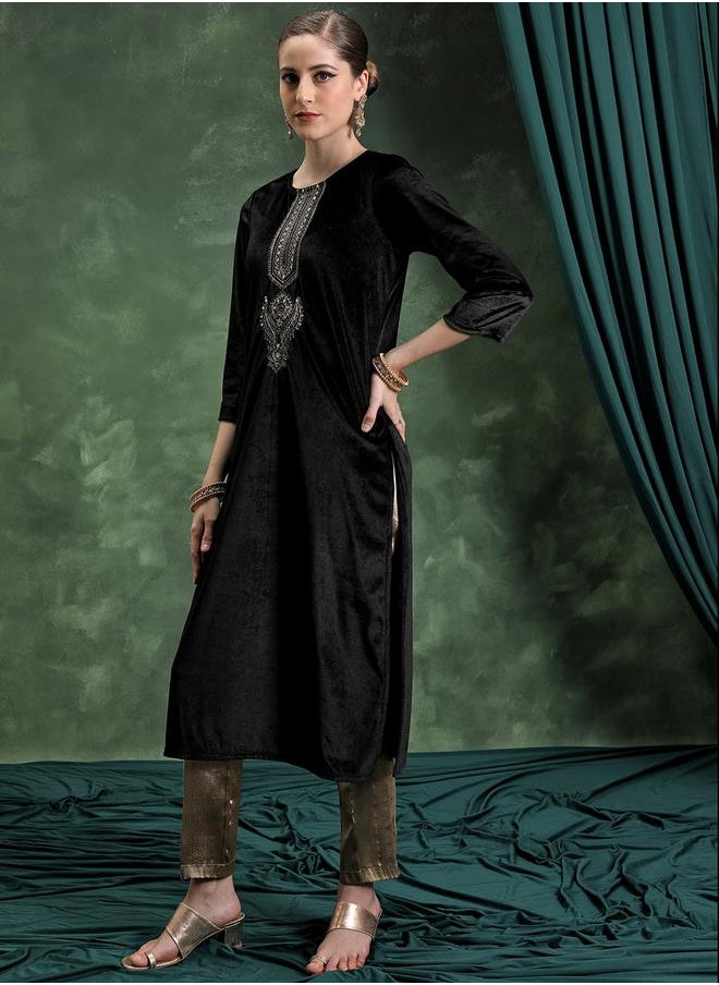 Vishudh - Black Thread Work Straight Kurta by Styli - Image 1