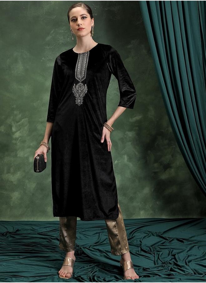 Vishudh - Black Thread Work Straight Kurta by Styli - Image 1