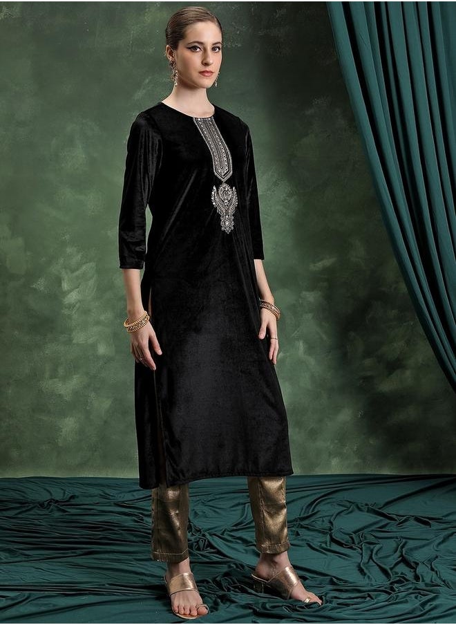 Vishudh - Black Thread Work Straight Kurta by Styli - Image 1