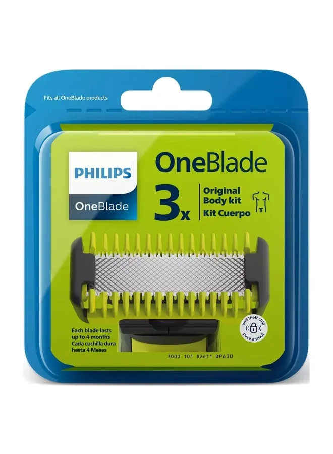فيليبس شفرات بديلة OneBlade QP630/51 من Philips | تشذيب، تحديد، وحلاقة أي طول للشعر | 3 شفرات أصلية + 1 مجموعة للجسم | تتناسب مع جميع مقابض OneBlade، للاستخدام الرطب والجاف