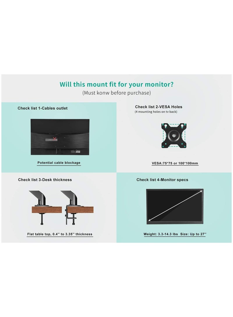 ELTERAZONE Dual Arm Monitor Desk Mount Height Adjustable, Tilt, Swivel, Counterbalance Gas Spring Stand | VESA Bracket Arm Fits Most Screens 13" to 27" (STAND-V002O) - Image 5