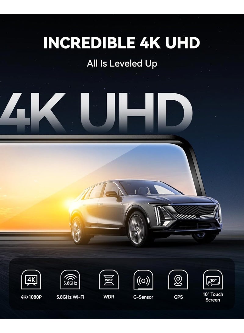 وولف بوكس كاميرا مرآة الرؤية الخلفية G930 مقاس 10 بوصات مع واي فاي 5.8 جيجاهرتز، وكاميرا أمامية وخلفية بدقة 4K مع نطاق ديناميكي واسع، وكاميرا مرآة الرؤية الخلفية تعمل باللمس، وشاشة مراقبة أثناء الركن، ومساعد الرجوع للخلف، بالإضافة إلى بطاقة ذاكرة 64 جيجابايت ونظام تحديد المواقع العالمي (GPS). - Image 4