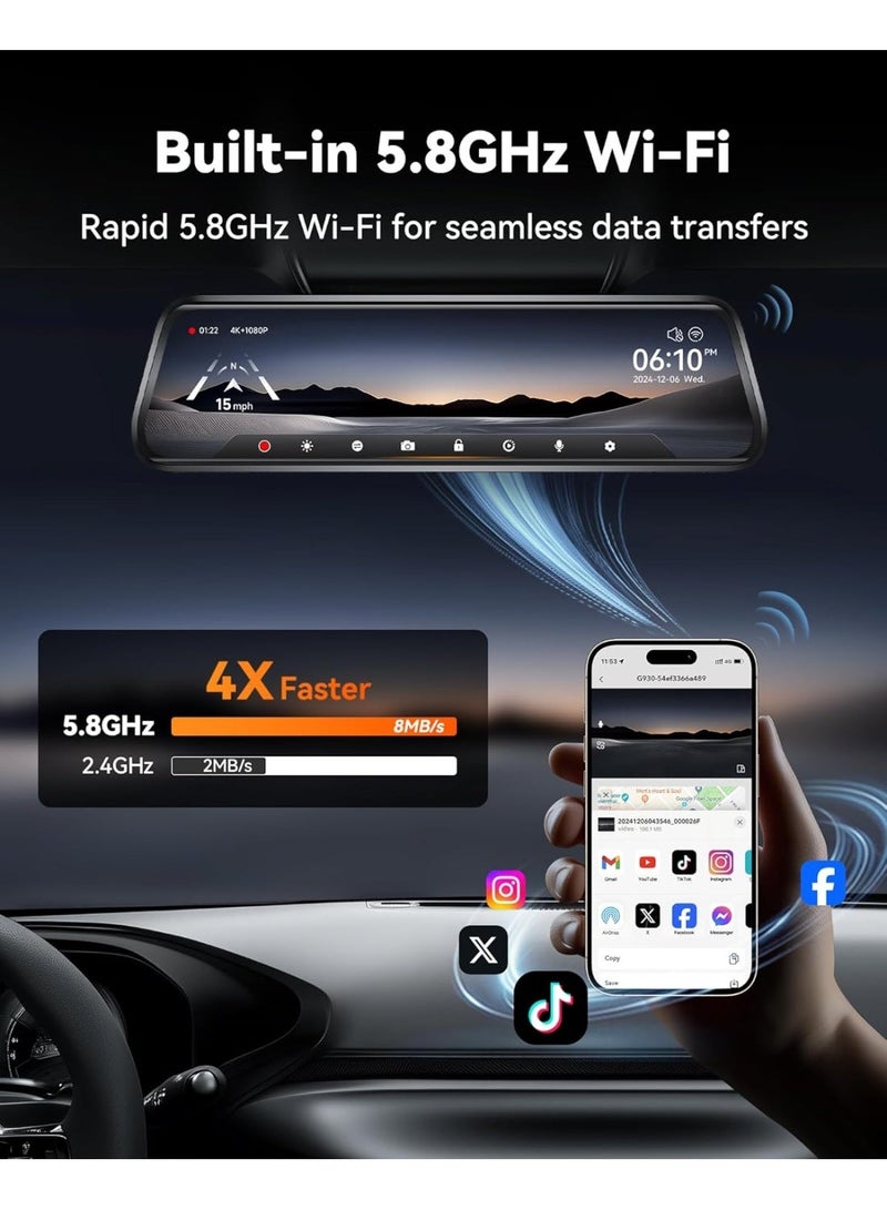 وولف بوكس كاميرا مرآة الرؤية الخلفية G930 مقاس 10 بوصات مع واي فاي 5.8 جيجاهرتز، وكاميرا أمامية وخلفية بدقة 4K مع نطاق ديناميكي واسع، وكاميرا مرآة الرؤية الخلفية تعمل باللمس، وشاشة مراقبة أثناء الركن، ومساعد الرجوع للخلف، بالإضافة إلى بطاقة ذاكرة 64 جيجابايت ونظام تحديد المواقع العالمي (GPS). - Image 3