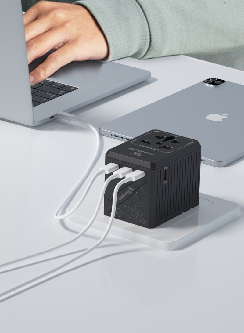 Universal Travel Adapter – Atlas 35 (35W, Black) Compact Design with 4 USB-C Ports, 1 USB-A Port, 35W Fast USB-C PD Output, GaN Technology, Multi-region Compatibility for iPhone, Android, Laptop & More
