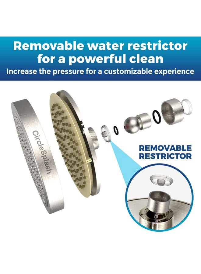 CircleSplash High Pressure Shower Head by Circle Splash -6 inch Brushed Nickel fixture-luxury rainfall -detachable water restrictor-tool-free installation with teflon tape - Image 4