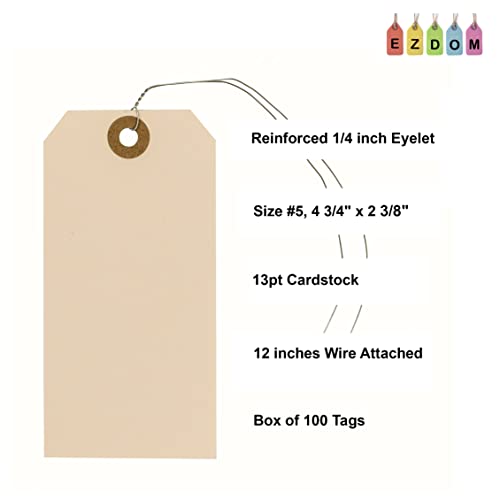 EZDOM Label Tags with Wire Attached - 4 3/4" x 2 3/8" Box of 100 Blank Manila Tags with Reinforced Hole and Metal Wire Ties, Labels with Wire - Image 2