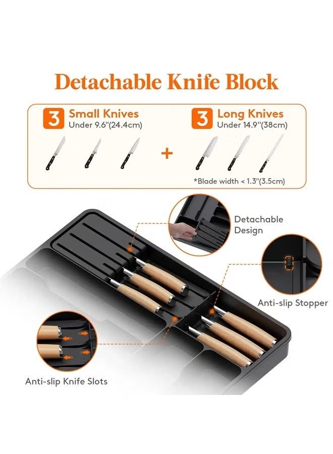 منظم أدراج المطبخ، صينية أدوات قابلة للتمدد من البولي بروبيلين، مقسم تخزين أدوات ملعقة المطبخ، حامل أدوات المائدة الفضية وصينية أدوات المائدة للخزانة للمطبخ والمنزل (أسود، 37 × 33.3 × 5 سم) - Image 3