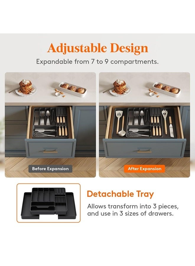 منظم أدراج المطبخ، صينية أدوات قابلة للتمدد من البولي بروبيلين، مقسم تخزين أدوات ملعقة المطبخ، حامل أدوات المائدة الفضية وصينية أدوات المائدة للخزانة للمطبخ والمنزل (أسود، 37 × 33.3 × 5 سم) - Image 5