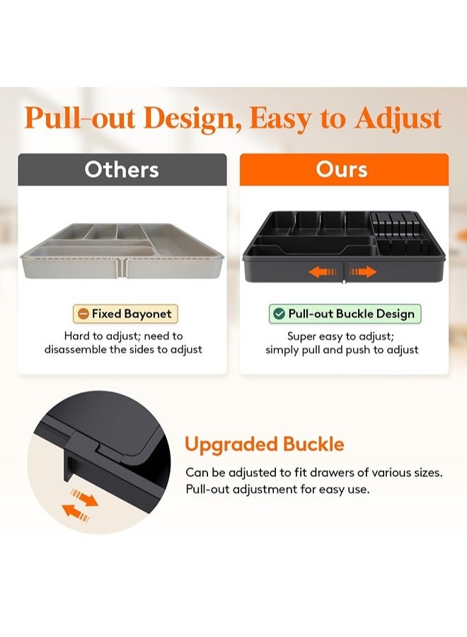 منظم أدراج المطبخ، صينية أدوات قابلة للتمدد من البولي بروبيلين، مقسم تخزين أدوات ملعقة المطبخ، حامل أدوات المائدة الفضية وصينية أدوات المائدة للخزانة للمطبخ والمنزل (أسود، 37 × 33.3 × 5 سم) - Image 4
